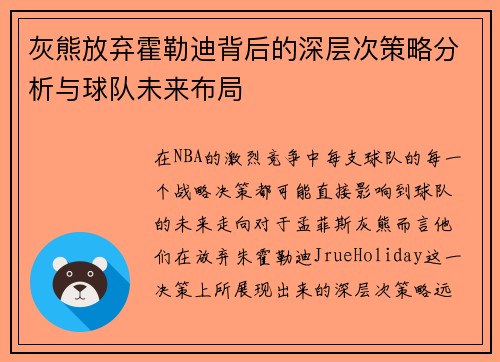 灰熊放弃霍勒迪背后的深层次策略分析与球队未来布局